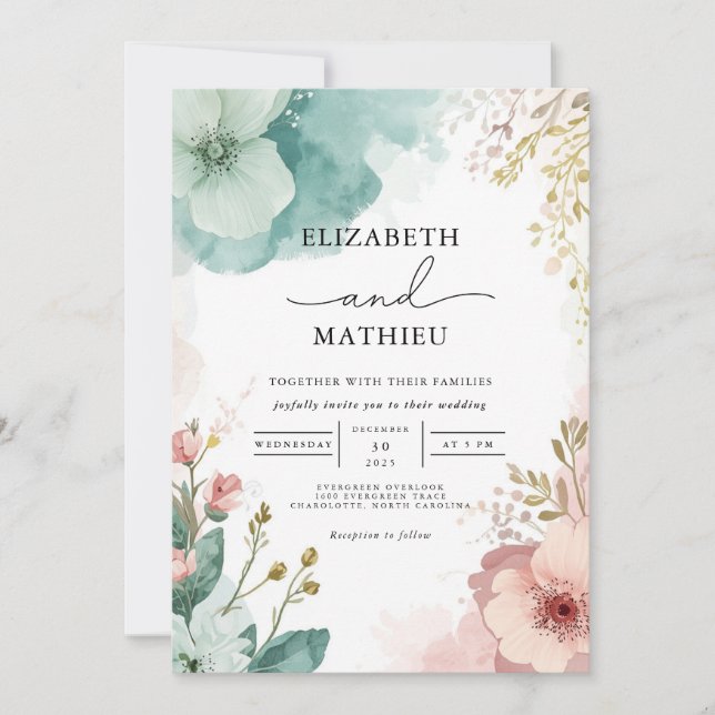 Invitación Boda de acuarela etéreo floral (Anverso)