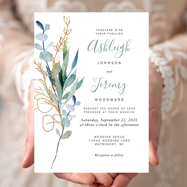 Invitación Boda de acuarela eucalipto verde dorado (Subido por el creador)