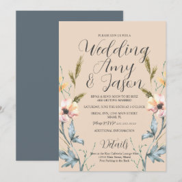 Invitación Boda de acuarela Flor Silvestre Crema y Gris