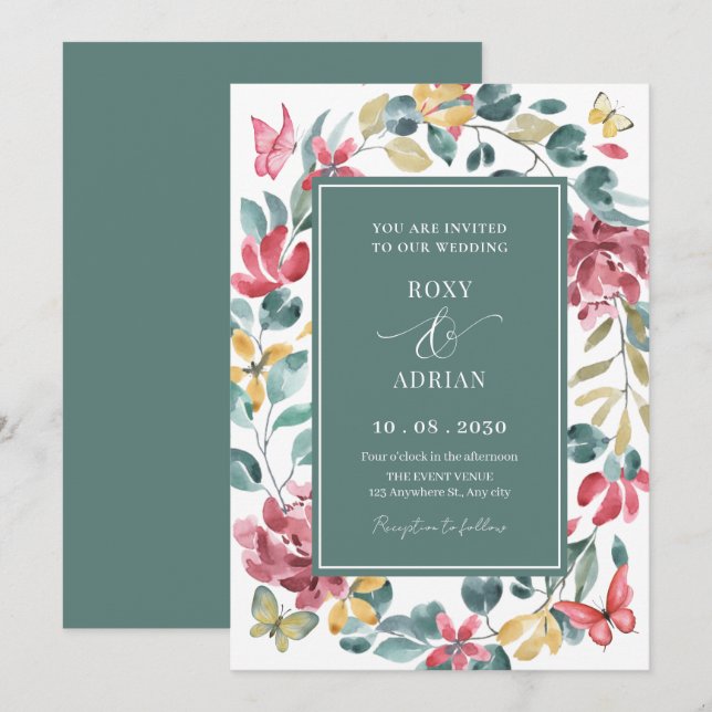 Invitación Boda de acuarela floral (Anverso / Reverso)