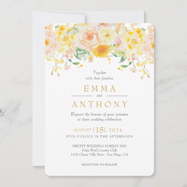 Invitación Boda de acuarela floral amarilla de mantequilla ro (Anverso)
