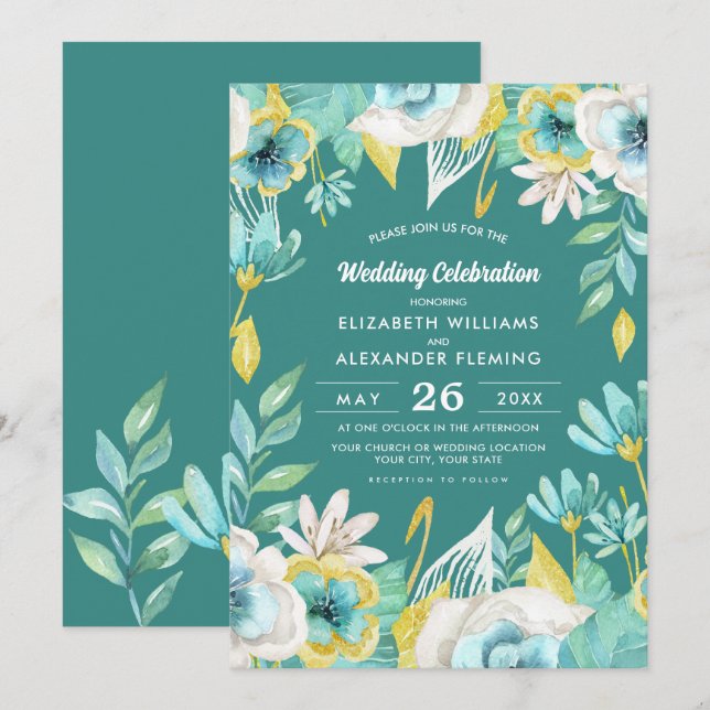 Invitación Boda de acuarela floral amarillo blanco (Anverso / Reverso)