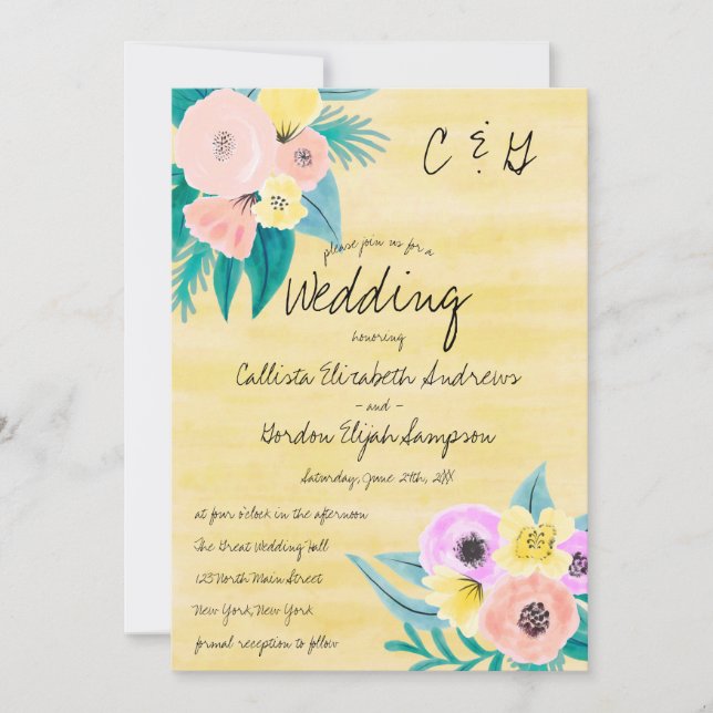 Invitación Boda de acuarela floral amarillo de coral de prima (Anverso)
