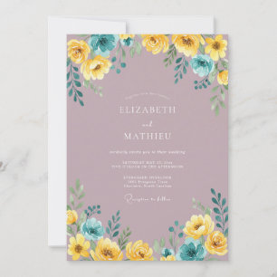Invitación Boda de Acuarela Floral Amarillo Malva Verde Azul