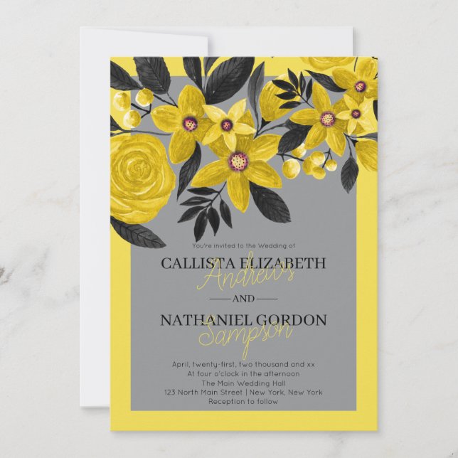 Invitación Boda de acuarela floral amarillo negro gris modern (Anverso)