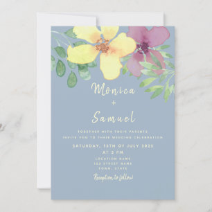 Invitación Boda de acuarela floral amarillo púrpura azul polv