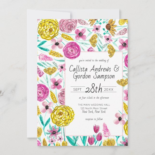 Invitación Boda de acuarela floral amarillo rosado del país (Anverso)