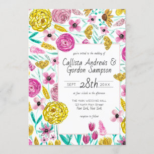 Invitación Boda de acuarela floral amarillo rosado del país