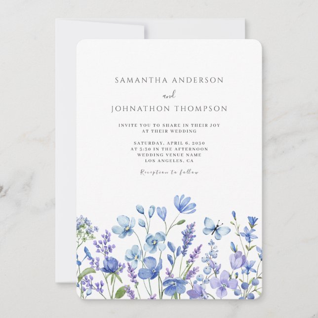 Invitación Boda de acuarela floral azul (Anverso)