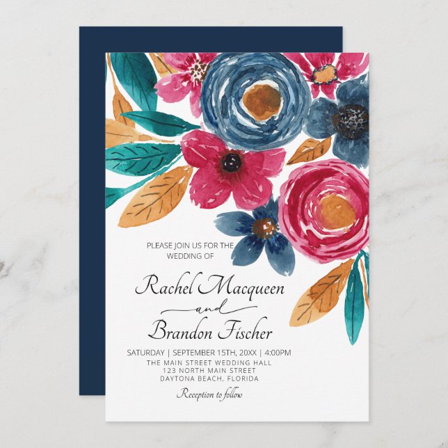 Invitación Boda de acuarela floral azul borgoña de la Marina (Anverso / Reverso)