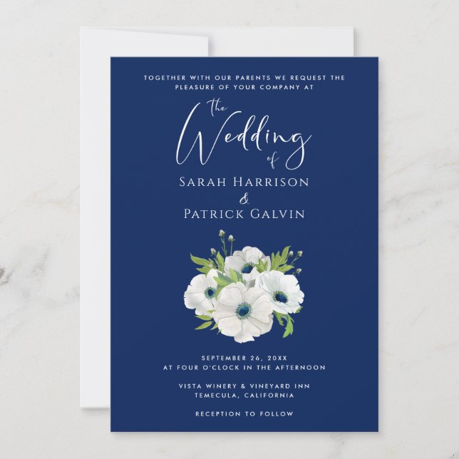 Invitación Boda de acuarela floral azul de la Marina moderna (Anverso)