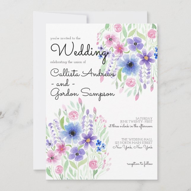 Invitación Boda de acuarela floral azul morado rosado del paí (Anverso)