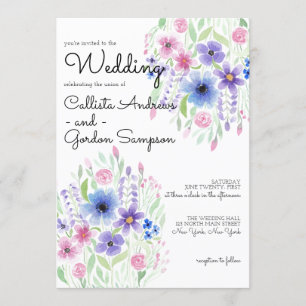 Invitación Boda de acuarela floral azul morado rosado del paí