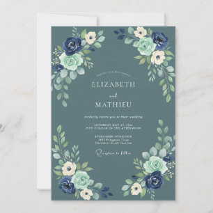 Invitación Boda de acuarela floral azul pizarra naval