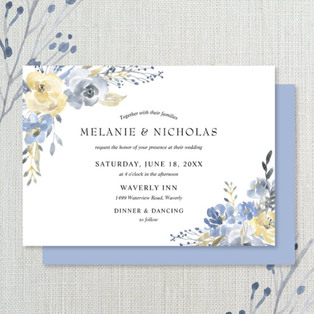 Invitación Boda de acuarela floral azul turbio (Subido por el creador)