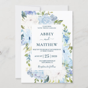 Invitación boda de acuarela floral azul turbio