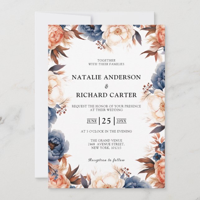 Invitación Boda de acuarela floral azul turbio y terracota (Anverso)