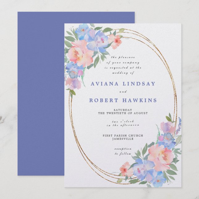 Invitación Boda de acuarela floral azul turquesa (Anverso / Reverso)