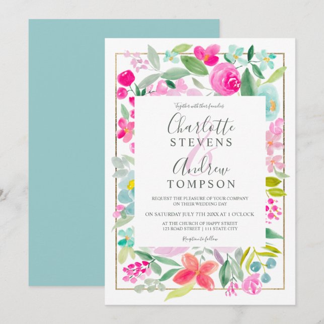 Invitación Boda de acuarela floral azul veraniego (Anverso / Reverso)
