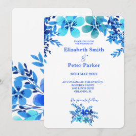 Invitación Boda de acuarela floral azul y Aqua