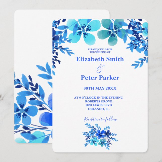 Invitación Boda de acuarela floral azul y Aqua (Anverso / Reverso)