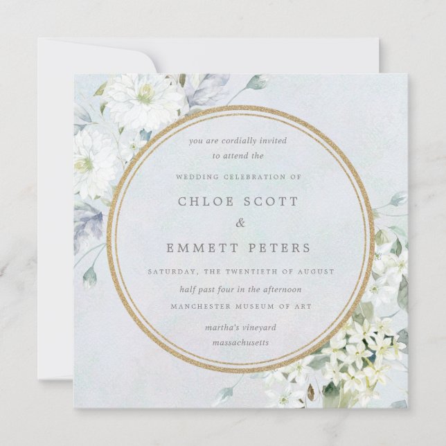 Invitación Boda de acuarela floral azul y blanca (Anverso)