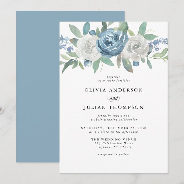 Invitación Boda de acuarela floral azul y blanca turbia (Anverso / Reverso)