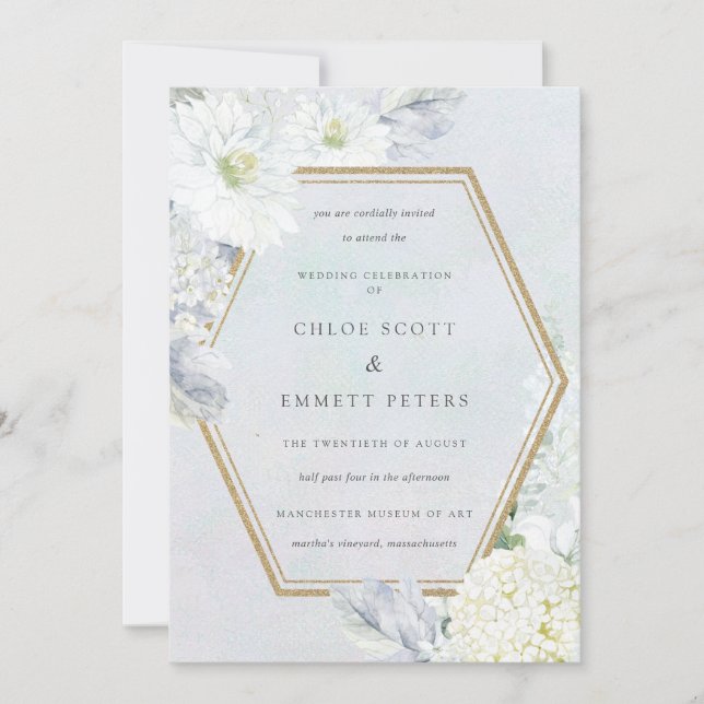 Invitación Boda de acuarela floral azul y blanca turbia (Anverso)
