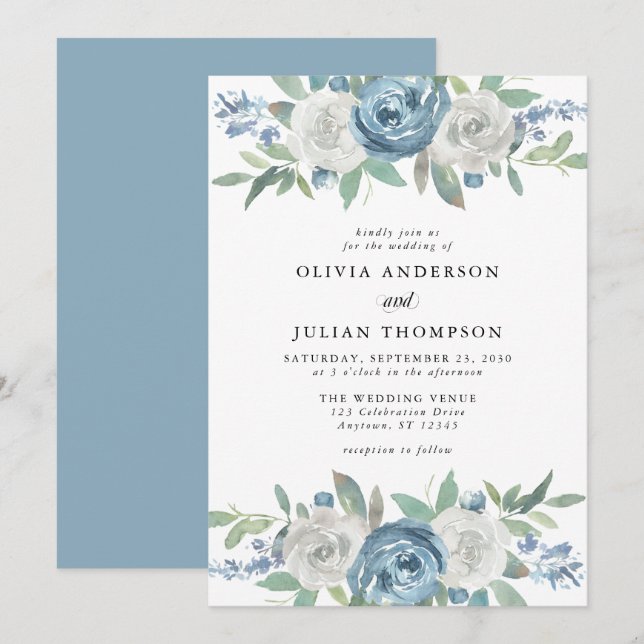 Invitación Boda de acuarela floral azul y blanca turbia (Anverso / Reverso)