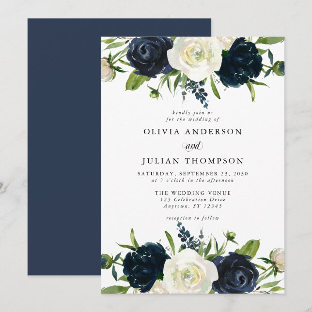 Invitación Boda de acuarela floral azul y crema marina (Anverso / Reverso)