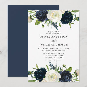 Invitación Boda de acuarela floral azul y crema marina