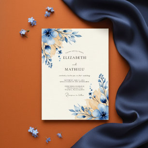 Invitación Boda de Acuarela Floral Azul y Dorado