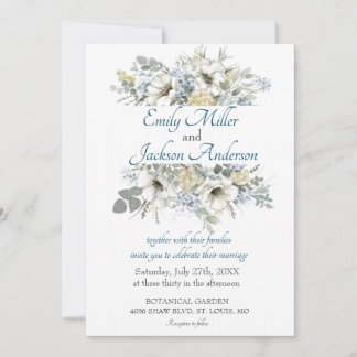 Invitación Boda de Acuarela Floral Blanca y Azul Elegante