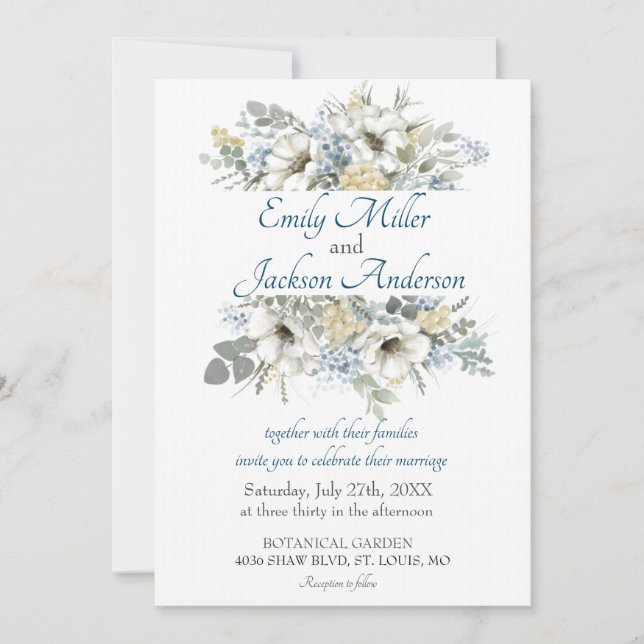 Invitación Boda de Acuarela Floral Blanca y Azul Elegante (Anverso)