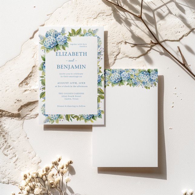 Invitación Boda de acuarela Floral Blue Hydrangeas (Front / Back)