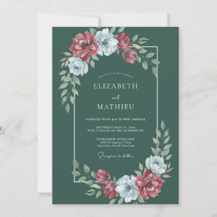 Invitación Boda de Acuarela Floral Carmesí Verde Profundo