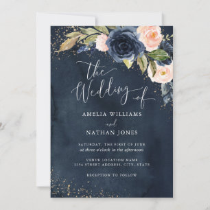 Invitación Boda de Acuarela Floral con Brillo de Oro Marina