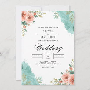 Invitación Boda de Acuarela Floral Coral Turquesa