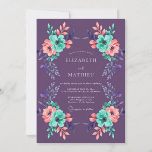 Invitación Boda de Acuarela Floral Coral Verde Azul Ciruela