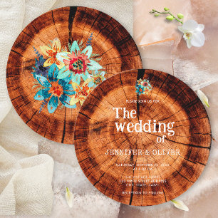 Invitación Boda de acuarela floral corte de madera rústica re
