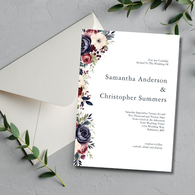 Invitación Boda de acuarela floral crema de la marina borgoño (Burgundy Navy Cream Watercolor Floral Elegant Modern Wedding Invitation)