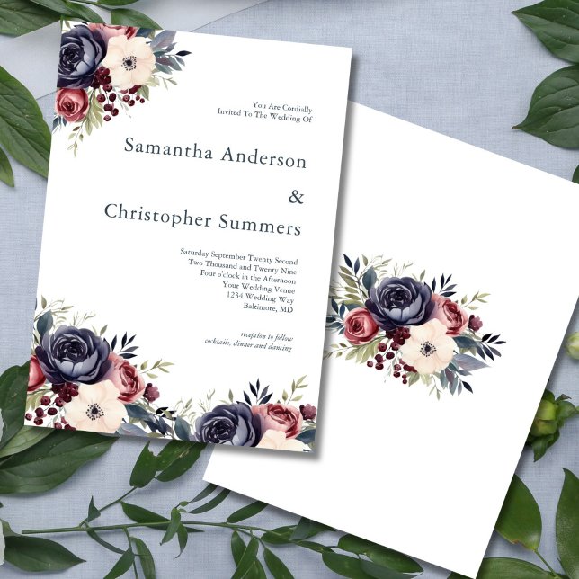 Invitación Boda de acuarela floral crema de la marina borgoño (Burgundy Navy Cream Watercolor Florals Elegant Wedding Invitation. Printed or Digital Download)