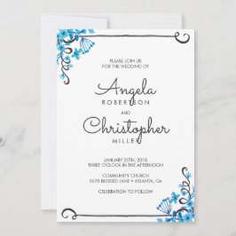 Invitación Boda de acuarela floral de arte folclórico azul