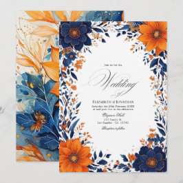 Invitación Boda de Acuarela Floral de Azul Marino y Naranja E