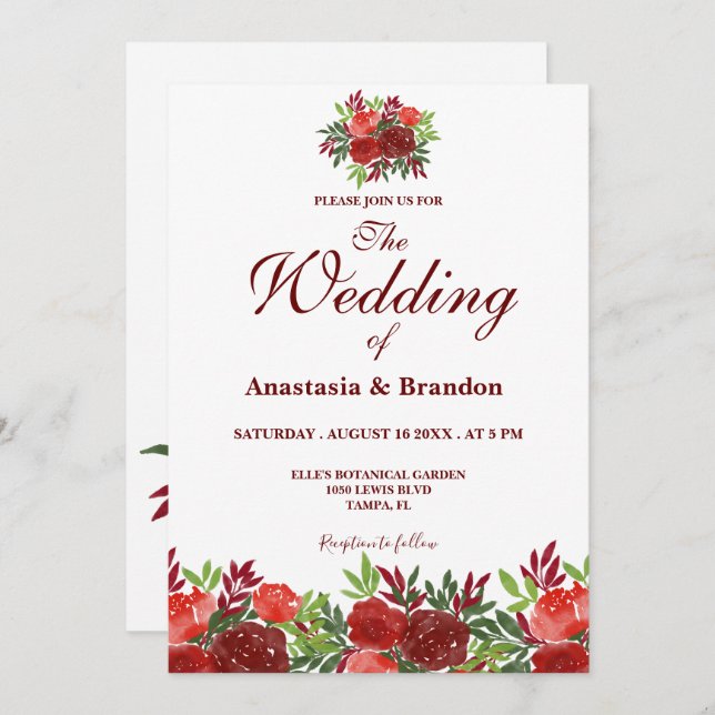 Invitación Boda de acuarela floral de Borgoña (Anverso / Reverso)