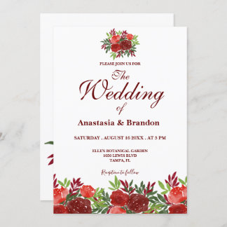 Invitación Boda de acuarela floral de Borgoña