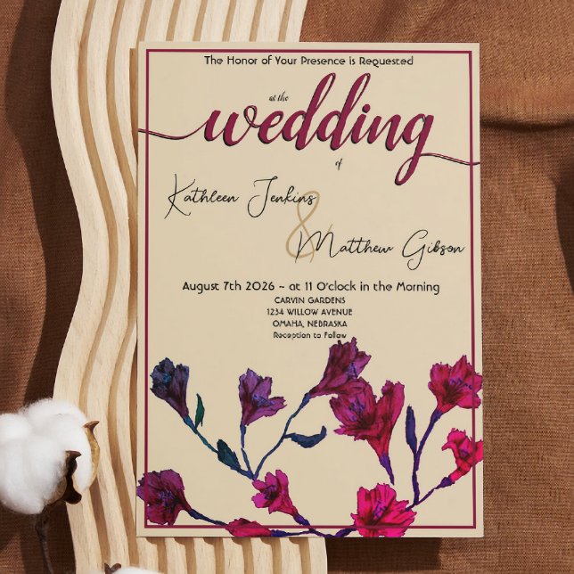 Invitación Boda de acuarela floral de Borgoña (Subido por el creador)