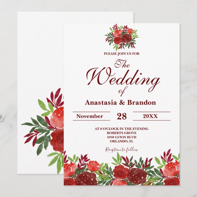 Invitación Boda de acuarela floral de Borgoña (Anverso / Reverso)