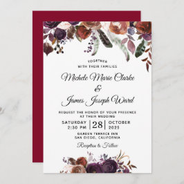 Invitación Boda de acuarela floral de Borgoña moderna