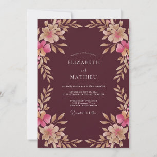 Invitación Boda de Acuarela Floral de Champán Granate